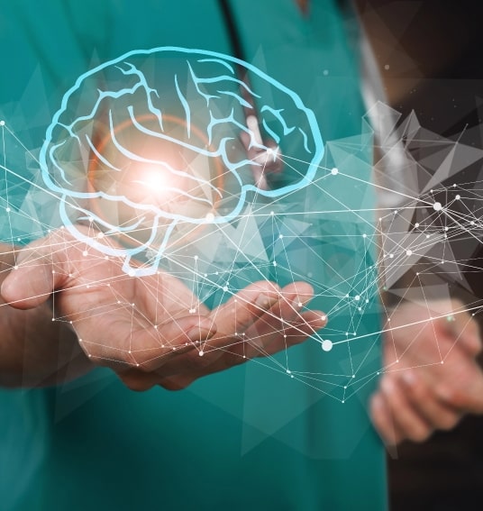 Doctor holding a digital hologram of a brain, symbolizing medical technology and neuroscience.