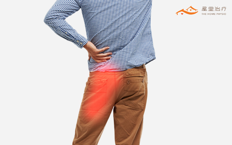 Man holding lower back with sciatica pain highlighted