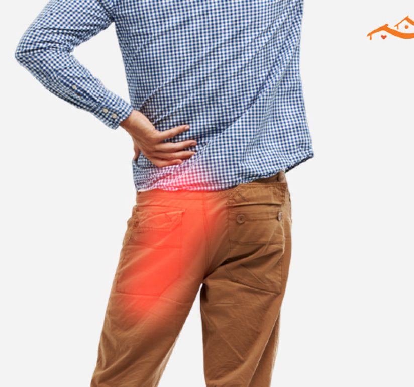 Man holding lower back with sciatica pain highlighted