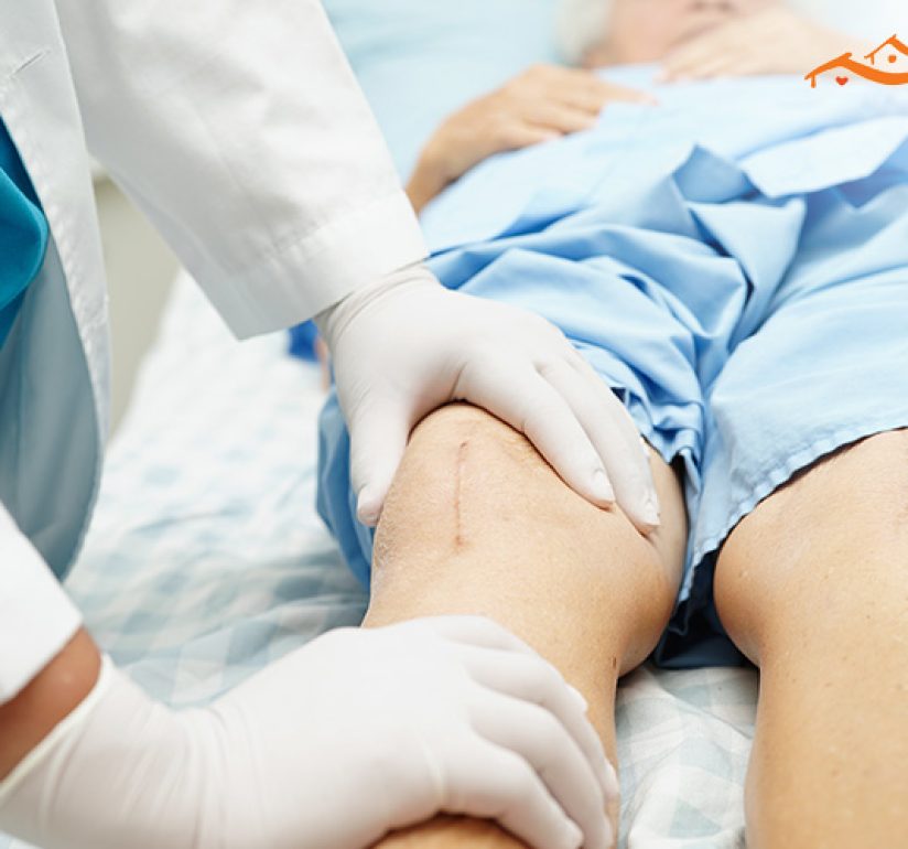elderly patient with knee replacement surgery scar